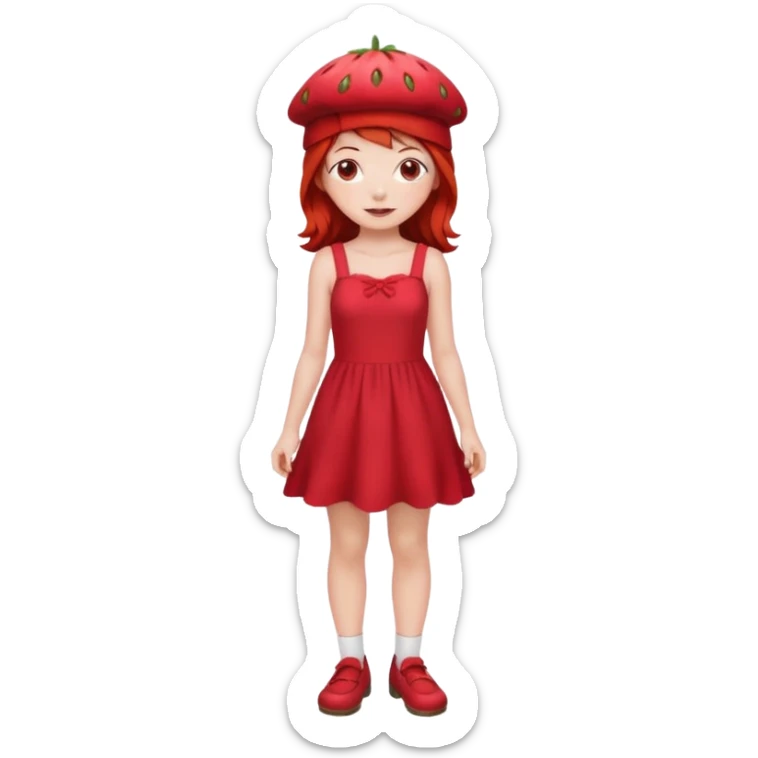Strawberry shortcake human girl full body and legs with a strawberry hat on her red hair and dress without a cake sticker