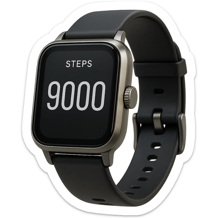 orologio contapassi che segna 9.000 passi sul display, fluttua in aria, iperrealistica 4k, isolato su sfondo bianco sticker