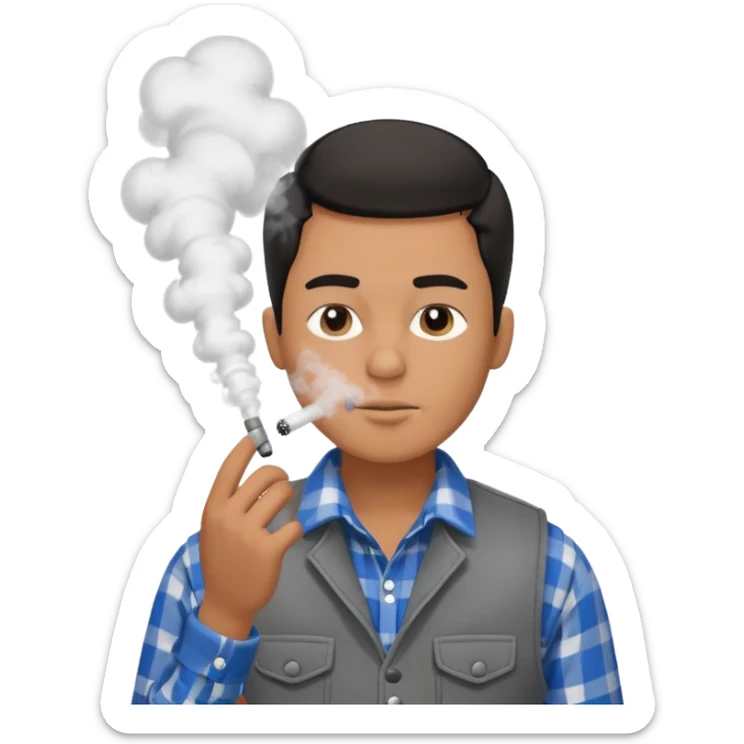 Vaquero camisa de cuadros blanca con negro y chaleco azul  joven sacando humo  sticker