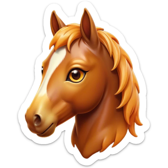 Cinematic Cute Bay Horse Portrait Emoji, Head tilted playfully and inquisitively, showcasing a glossy bay fur with a vibrant sheen and expressive amber eyes filled with curiosity, Simplified yet irresistibly adorable features, highly detailed, glowing with a warm, friendly glow, high shine, affectionate and spirited, stylized with a touch of whimsy, bright and endearing, soft glowing outline, capturing the essence of a mischievous yet loving horse, so playful it feels like it could prance out of the screen and into your arms! sticker