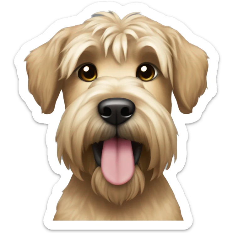 Wheaten terrier with long lighter color hair, darker color ears and black chin sticker