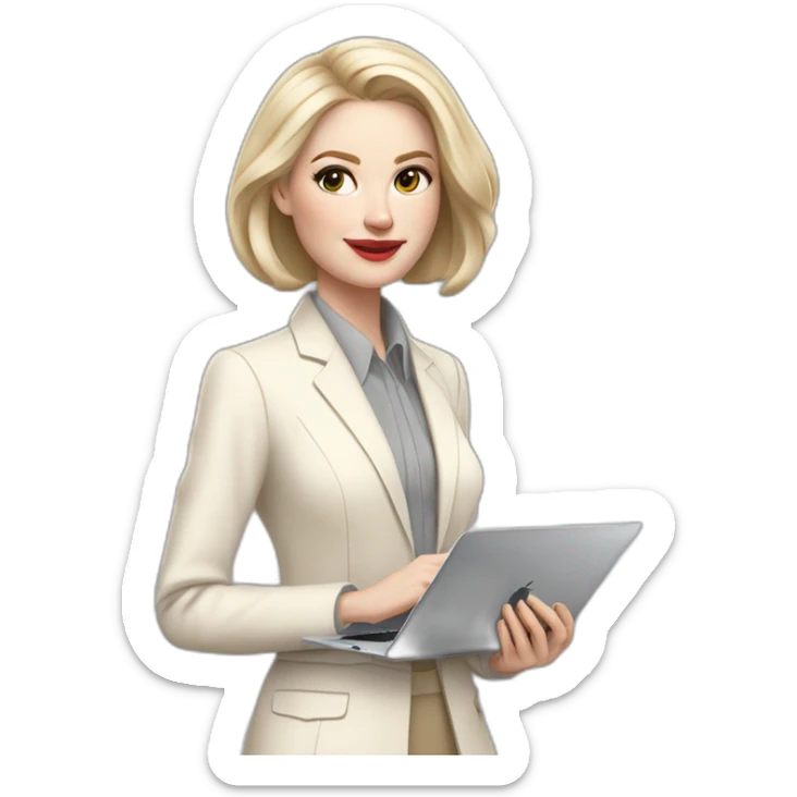 pale skin woman with ash blonde Straightened bob Hair, White Spacious classical jacket, beige palazzo Arrow pants and gray blouse holding a MacBook in the hands sticker