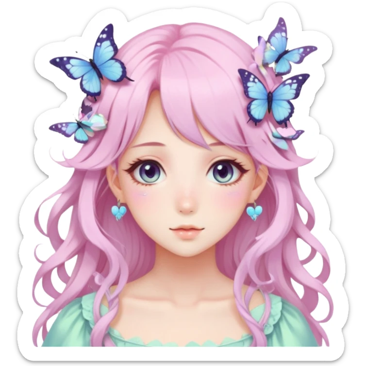 gorgeous anime pastel lady with butterflies and beautiful hair fairycore cottagecore sticker