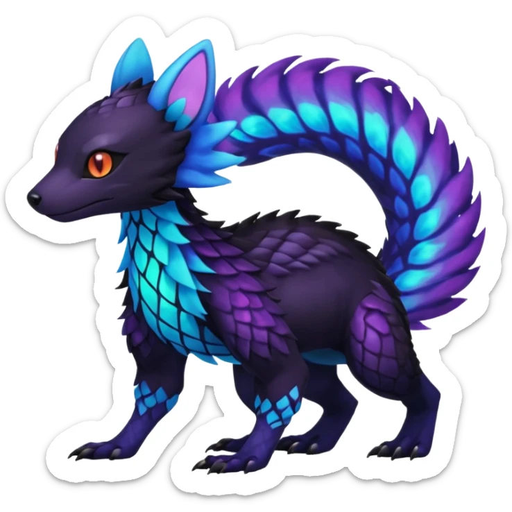 Colorful bioluminescent dark abysmal abyssal neon-glowing Trico-Sergal-Furret-Ferret-Wickerbeast-Vernid-fusion-Fakemon-animal-hybrid-creature, full body sticker