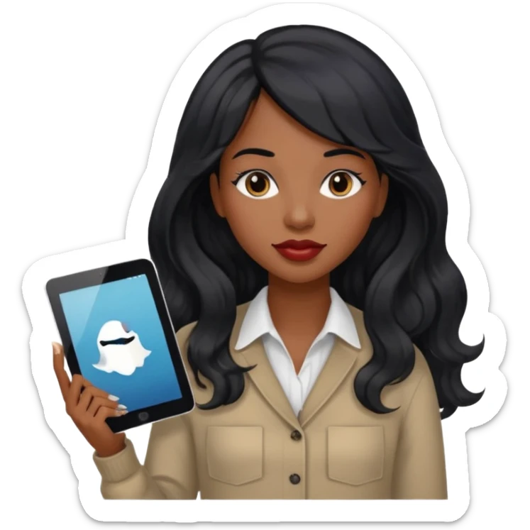 A young woman with long black hair, a wavy frange falling on half of her head.  She's black, medium to dark skinned with thick lips. She's holding something that let's us know she's the CEO of a creative agency, but she's wearing casual clothes. she has long eyelashes. sticker