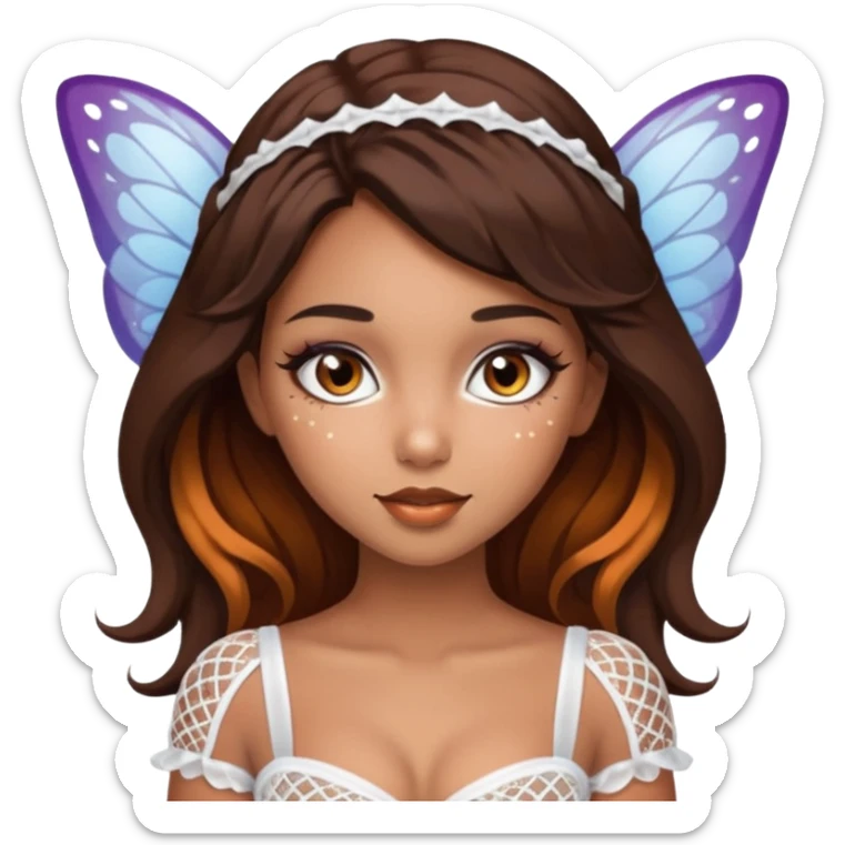 Pretty girl with caramel skin. Dark brown hair and brown eyes. She has freckles. Wearing sexy makeup. Wearing a fairy costume. wearing white fishnet tights on legs and heels on feet sticker