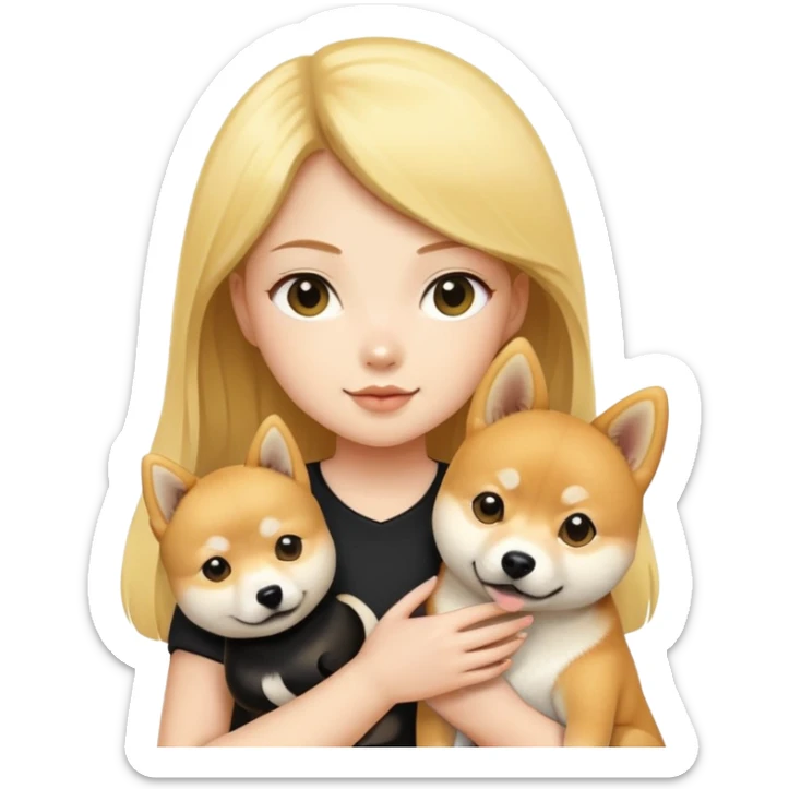 Blonde girl holding a yellow Shiba inu dog and a black Ahiba inu dog sticker