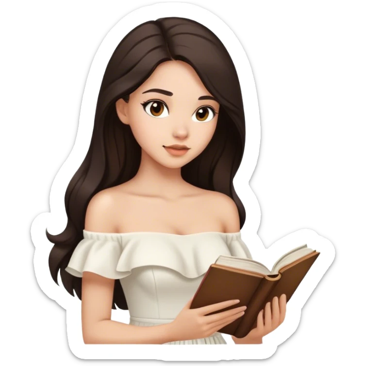 Beautiful woman in 1950’s woman fashion look, off-shoulder white dress, long dark brown hair, reading  sticker