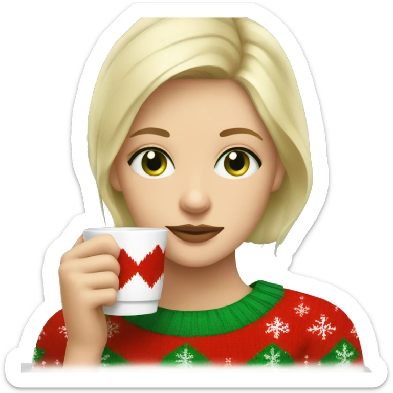 Short haired blonde girl with green eyes drinking coffee wearing Christmas sweater sticker