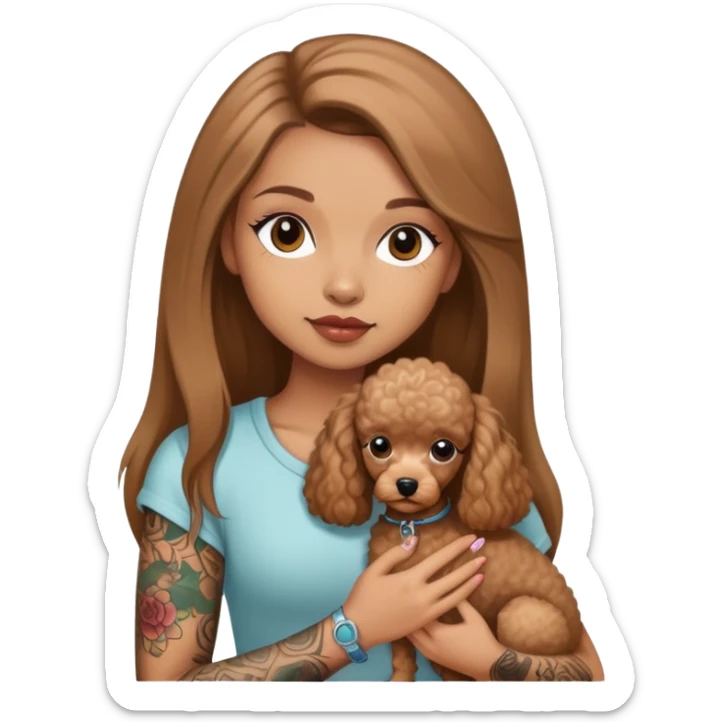 a  girl with Light brown  Straight long hair and tattoos and a miniature poodles sticker