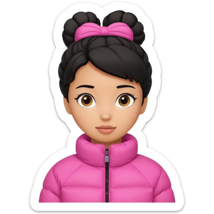 A caramel skinned girl that’s has puffy black hair with her hair up skinny and wears a pink puffer coatb sticker