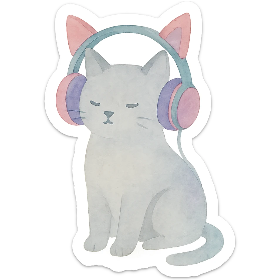 cat ear headphones, pastel goth colors, watercolor art style sticker