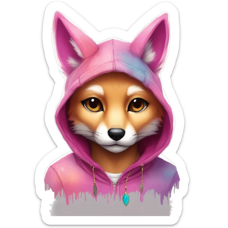 Pink magenta burgundy maroon cyan beige gray fox wearing a pink hoodie with gold jewellery gold piercings gold ear piercing gold nose piercing vintage watercolour tie dye black raven wings sticker