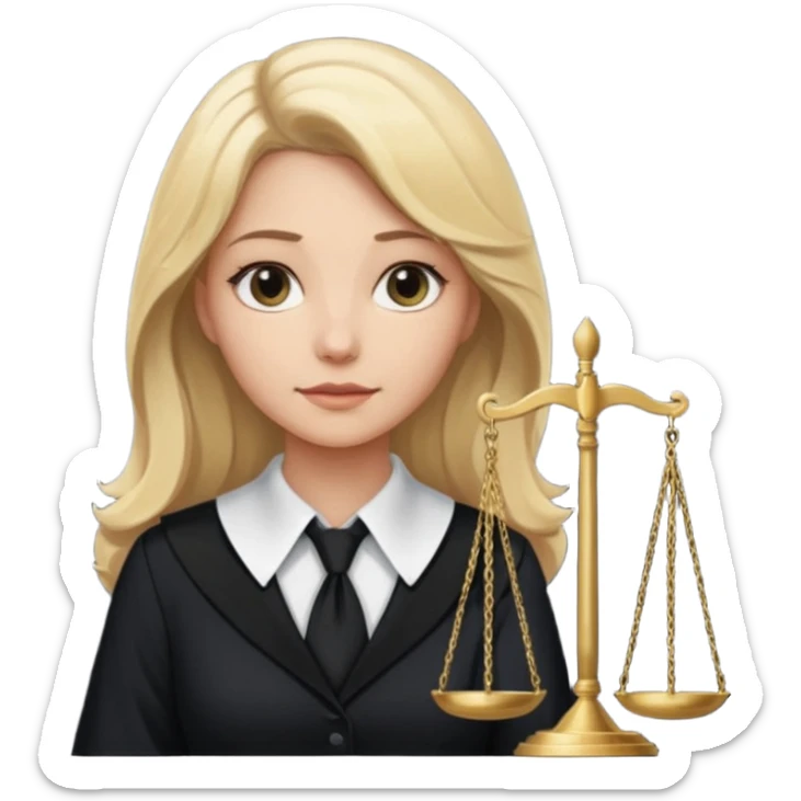 woman lawyer blanche et blonde avec des cheveux mi-long; elle est habillée avec une longue robe noire et un col cravate blanc; la balance de la justice apparaît dans l'ombre derrière elle sticker