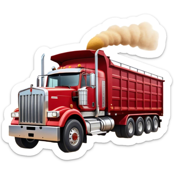 Kenworth T909 (2022) – Cinematic-realistic Kenworth T909 grain truck, its deep red cab gleaming under the scorching Australian sun. The massive trailer is filled to the brim with golden wheat, rolling down dusty farm roads, leaving a faint trail of chaff in its wake. sticker