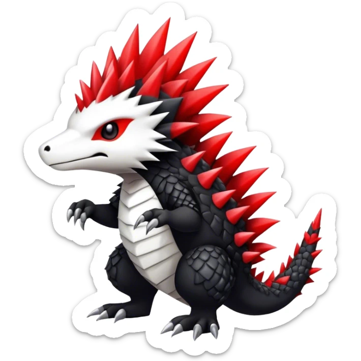 Cute cool black red white animal hybrid Fakemon full body, detailed, spiky, scaly, edgy sticker