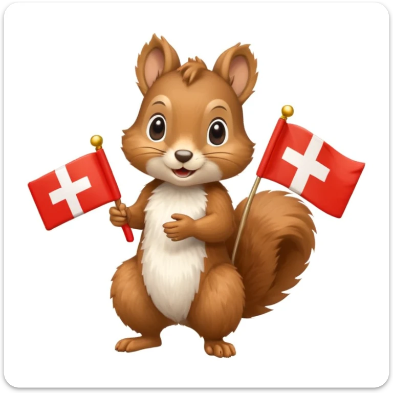 a squirrel holding a gift box in one hand and a Swiss flag in the other, both objects clearly visible, simple white background sticker