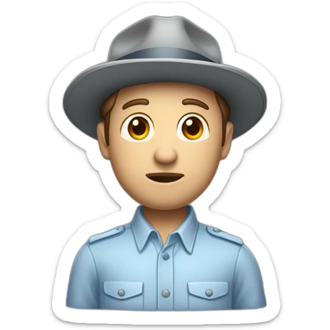 A TOK emoji of a bust of a man with light skin and short brown hair, wearing a light blue oxford shirt and a gray trilby hat with a flap on the back, looking concerned sticker