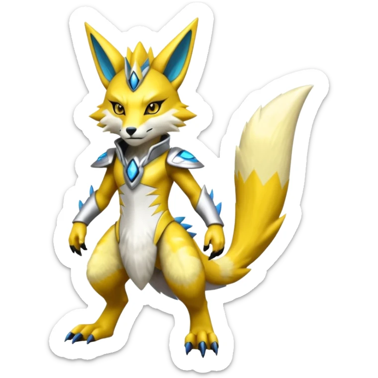 Modern anthropomorphic furry futuristic shiny colorful Lombax-Zeraora-Renamon-fusion (full body) sticker