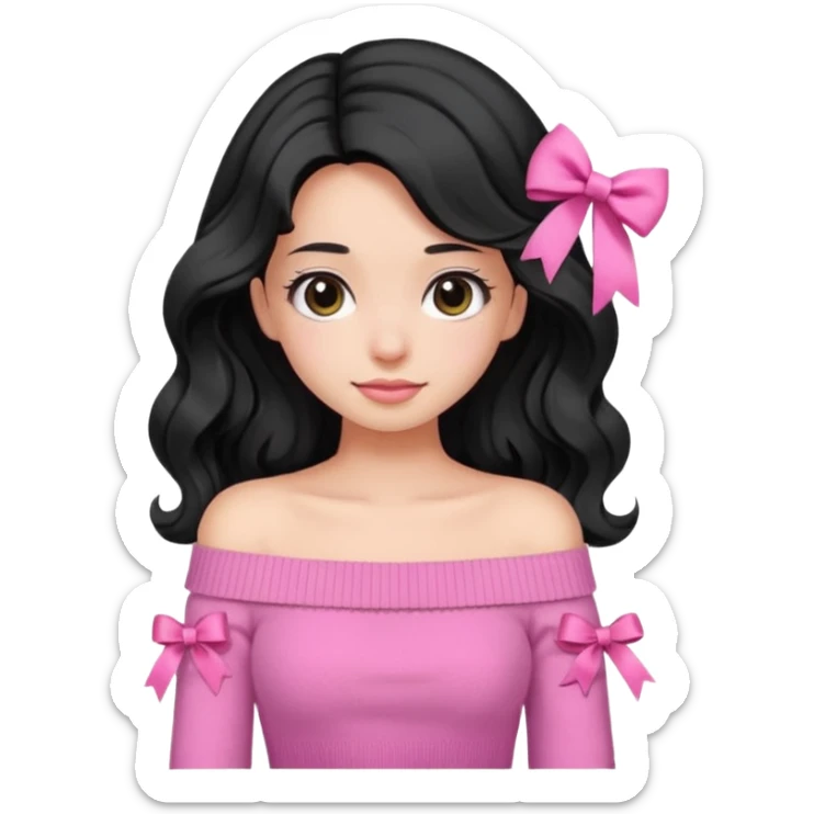 Girl with black wavy little long hair and a ribbon hair clip beside it make it look like wearing a pink off shoulder sweater  sticker