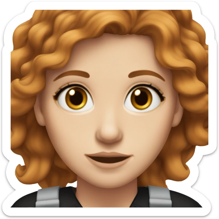 white girl. long wavy auburn hair. Slanted eyes. Black Scrubs. Makeup sticker