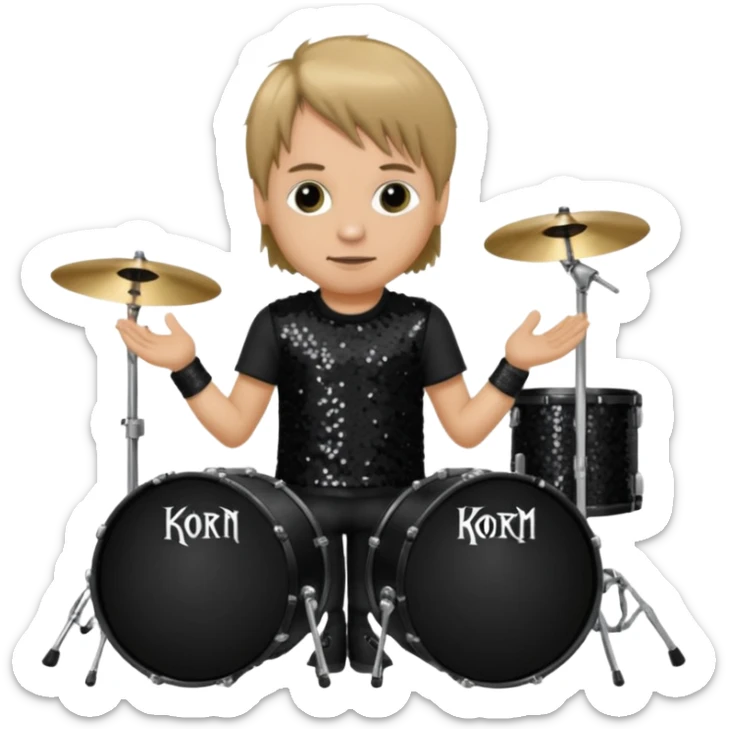 Ray Luzier from Korn with dark blonde hair, light skin, black sequin outfit sticker