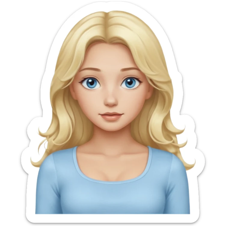 pretty girl blonde soft wavy long hair middle part makeup light baby blue skin tight square neckline long sleeve top sticker