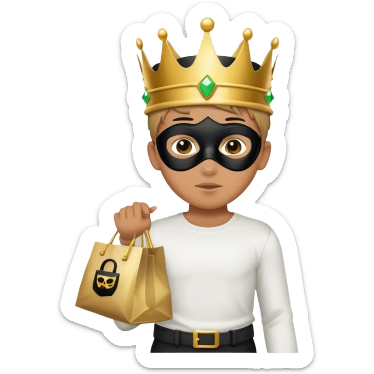 boy in white shirt crown burglar mask and bag of loot sticker