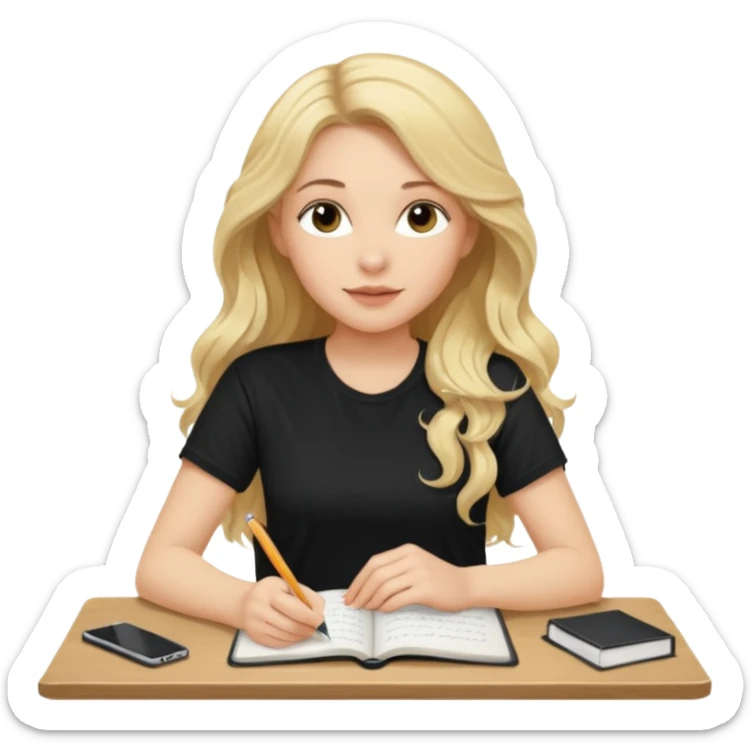 A beautiful blonde with long wavy hair in a black T-shirt sits and writes in a diary with a pen. sticker