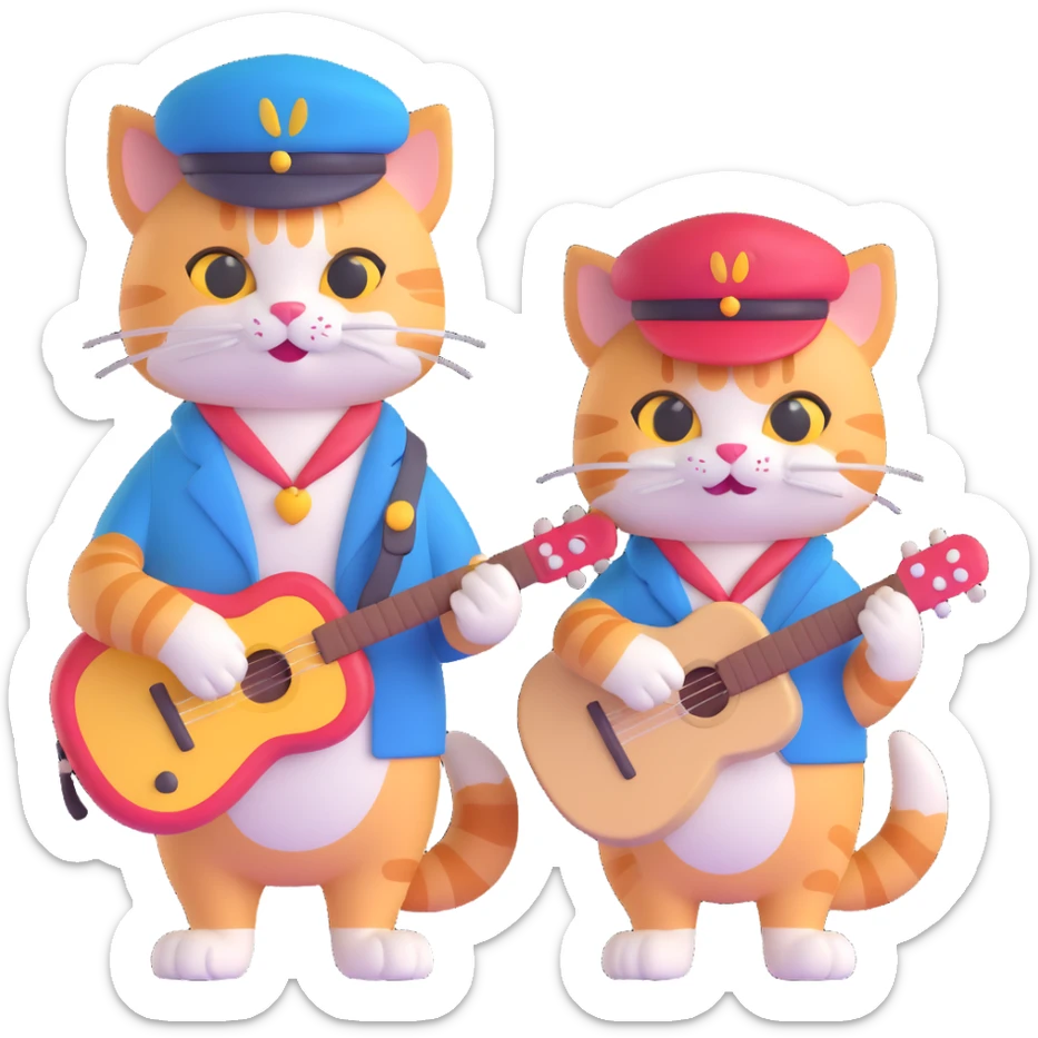 two happy cats together, one artist cat with a beret and paintbrush, one musician cat with a guitar, holding front paws, joyful sticker