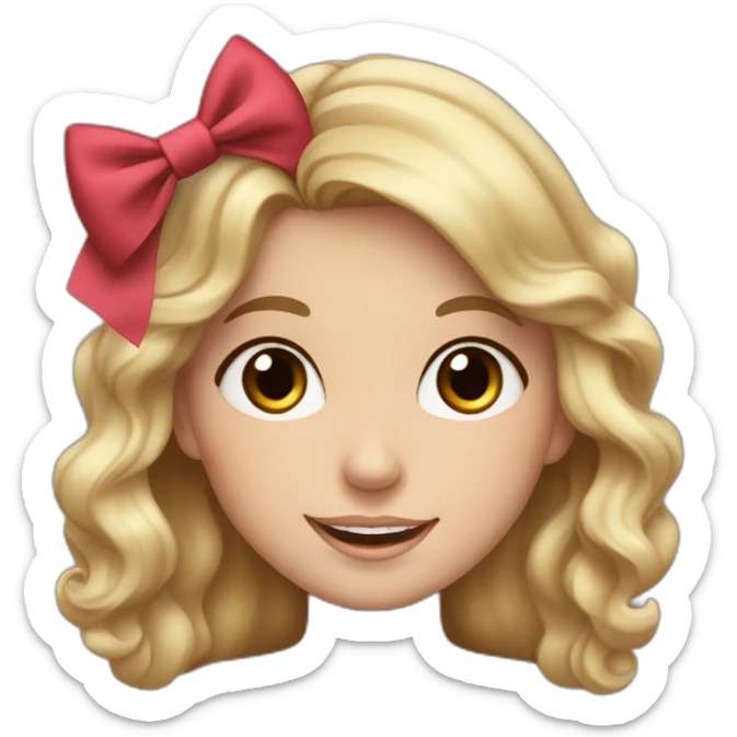 White girl, with wavy hair and two bows on top with two bows. Dark brown eyes and dimpled smile sticker