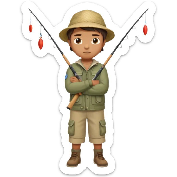 A boy with crossed arms, looking annoyed, dressed in fishing clothes full body sticker