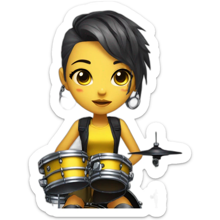 cute punk girl in yellow dress dark skin with yellow eyes and dark curvy hairs drummer anime style sticker