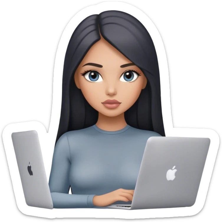 Glamours, tanned, very beautiful girl, with big pump peach-beige-rose lips, black straight smooth silky long hair, straight parting, blue-grey eyes, in grey bodysuit holding MacBook sticker