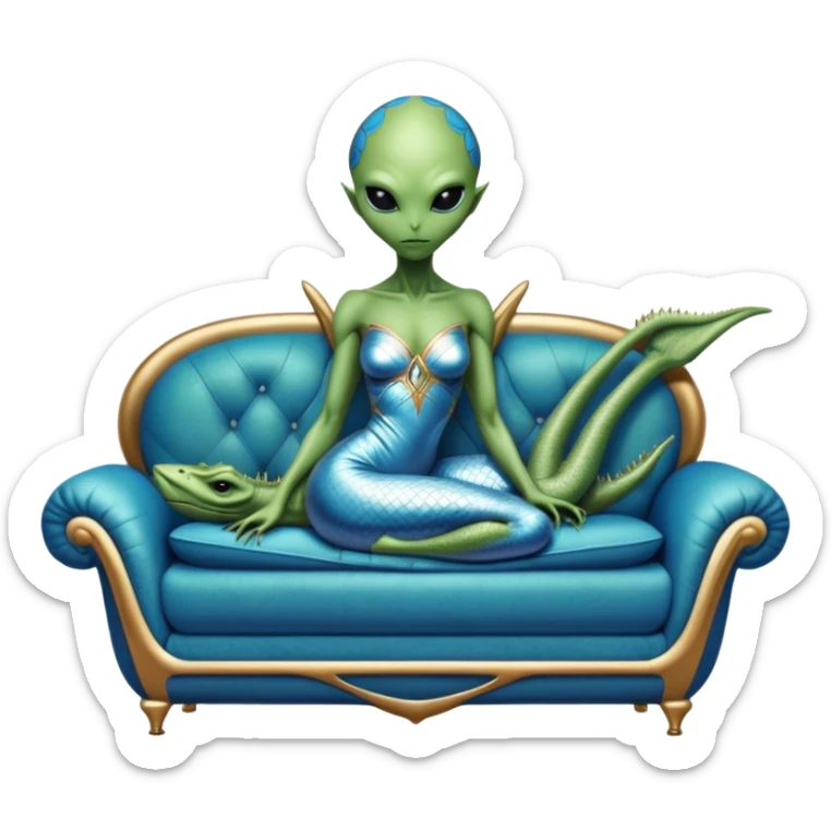 a reptilian green alien woman, in blue gold silver dress , lie on couch comfy, full figure sticker