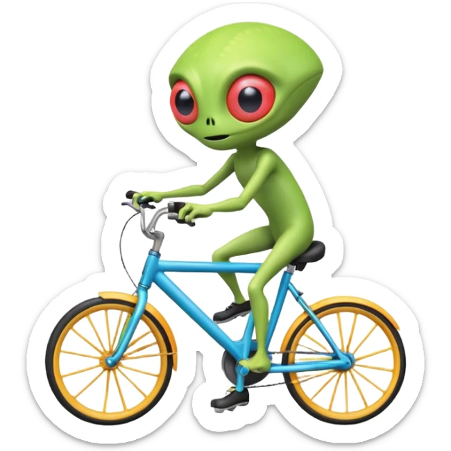 one-eyed alien riding a bicycle, large single eye, colorful skin, funny balance pose, cute sci-fi style, 3D cartoon, mobile game icon style, clean background, no text, no watermark
 sticker