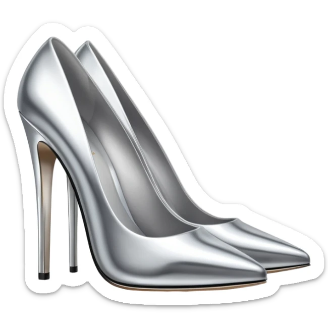 A pair of high heel shoes emoji made of polished silver chrome, elegant sharp silhouette, smooth metallic surface, glossy reflections, luxury sexy vibe, minimalistic iOS emoji style, centered, clean white background sticker