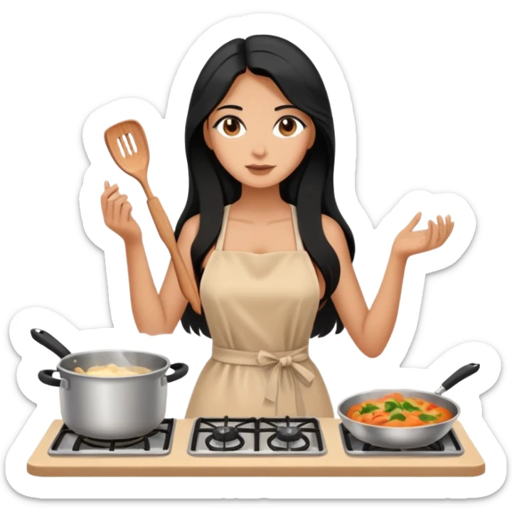 cooking, black long hair tanned woman, nude color dress sticker