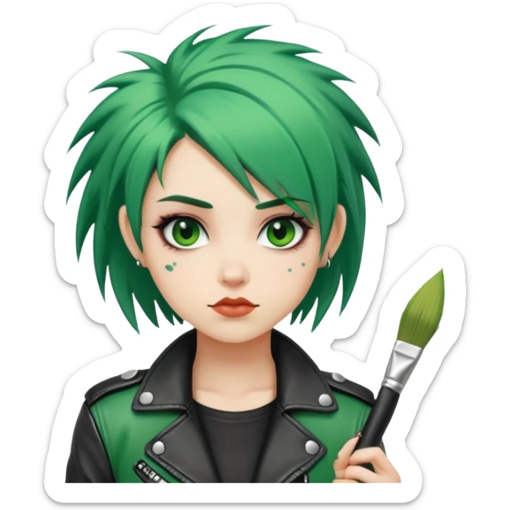 punk-girl with green hair in leather jacket with brush sticker