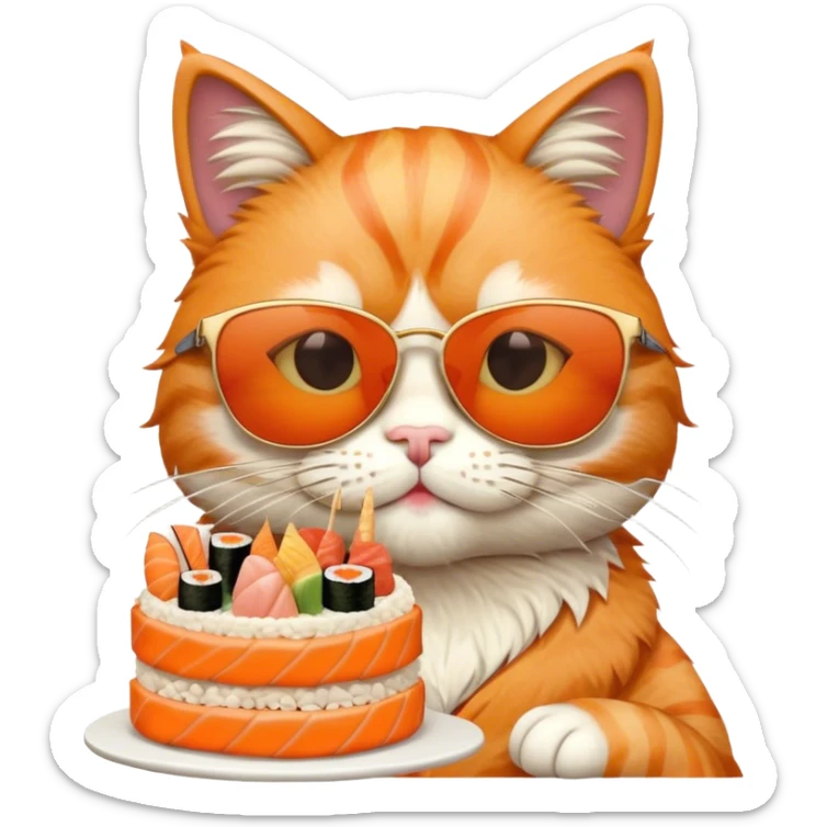 cool cat wearing sunglasses eating a birthday cake made out of sushi sticker