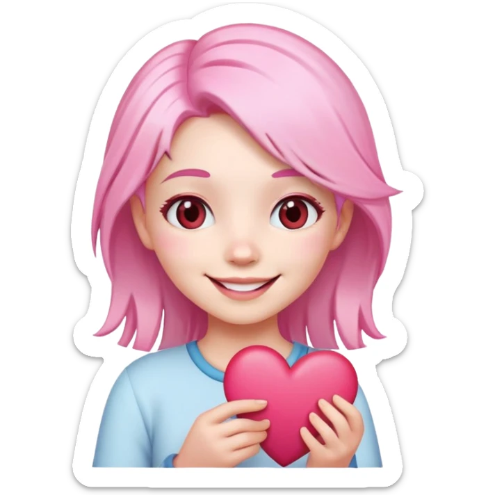 girl with pink and white hair, smiling, holding a heart, emoji style sticker
