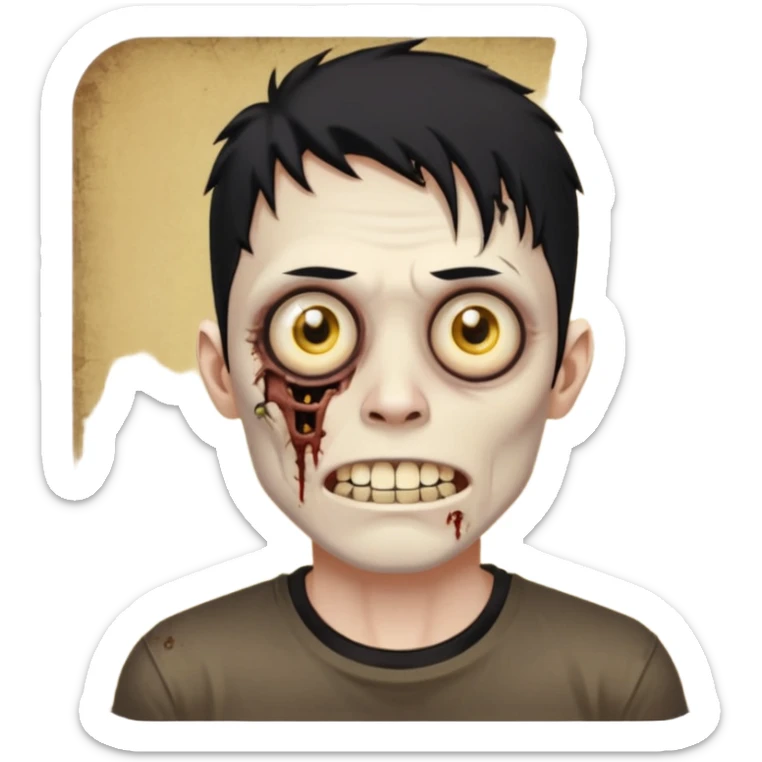 I want you to give me a zombie man who has golden teeth, yellow eyes, eyebrows and black hair, the hair I want to be a modcut cut and is wearing a brown affliction T-shirt and thin circular lenses sticker