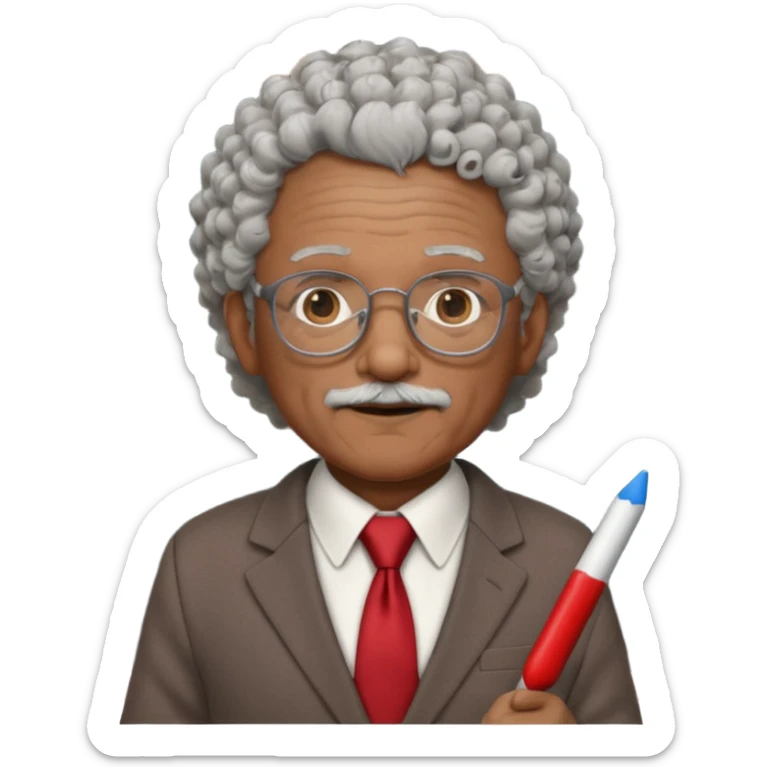 old man teacher, brown skin, curly grey white hai, wearing glasses, brown suit, red tie hold chalk on hand sticker