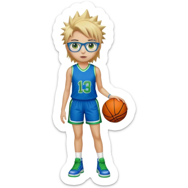 Full Body white plus size Girl with basketball spikey short brown and blonde hair  wearing blue glasses with green eyes wearing blue and green basketball uniform sticker