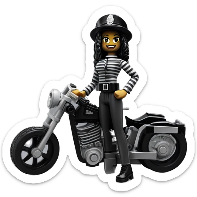 Lego, Jeffery New York Evening Gown Barbie, Wednesday Addams from academy, in vertically-striped dark-gray and black London police officer’s uniform with hat. Leaning back at the hips, riding a wheelie on a hot rod bike smiling  sticker