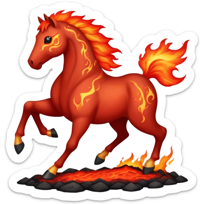 A red fast horse made of embers, magma, and visible lava, with flames burning around it and ash particles floating sticker