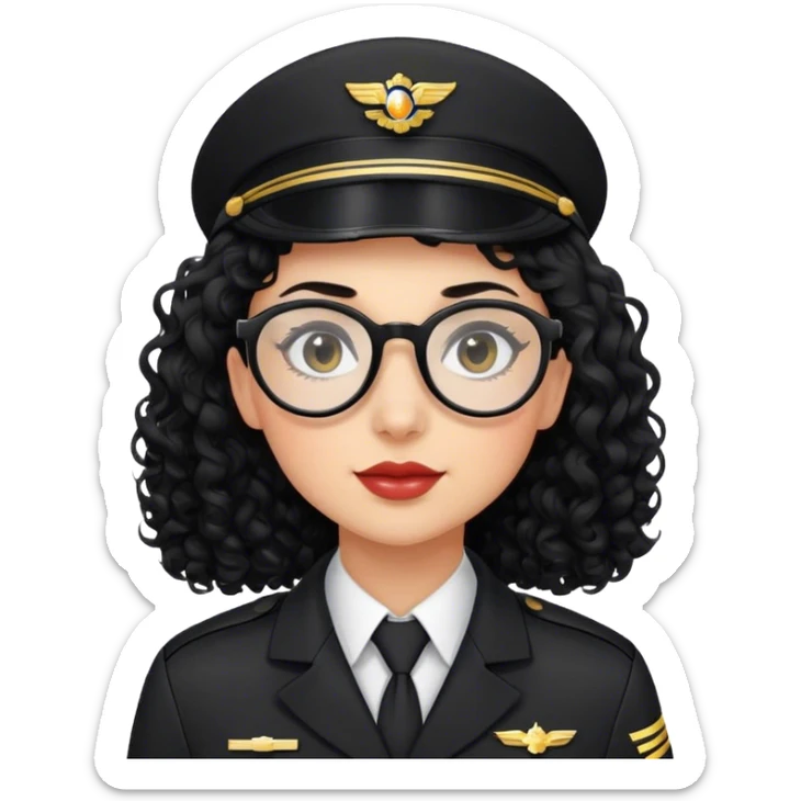 femme pilote d'avion en uniforme noir aux cheveux bouclés noir et petites lunettes arrondis identique avec des cheveux long et la peau légèrement plus claire  sticker
