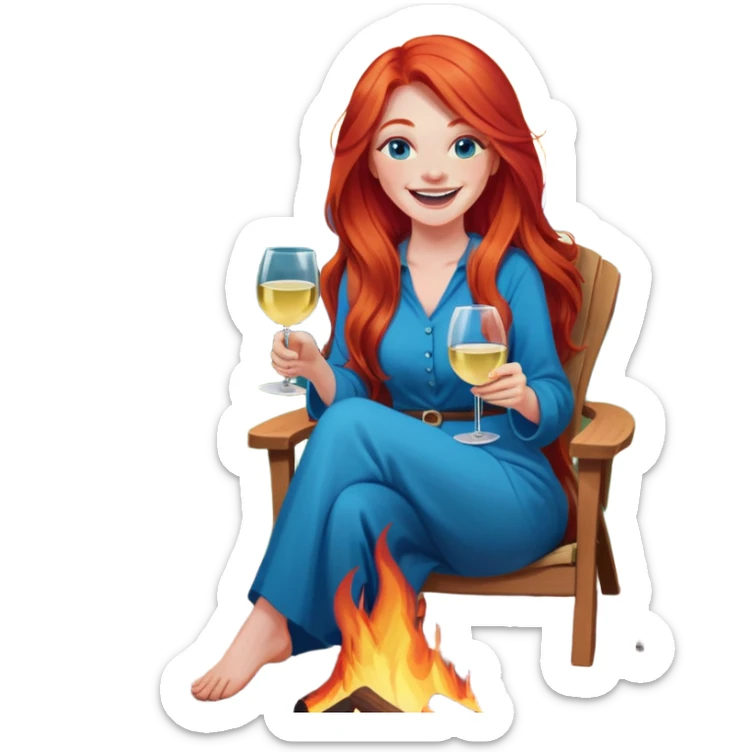 Laughing woman with long red hair and blue eyes holding white wine sitting in chair beside fire pit sticker