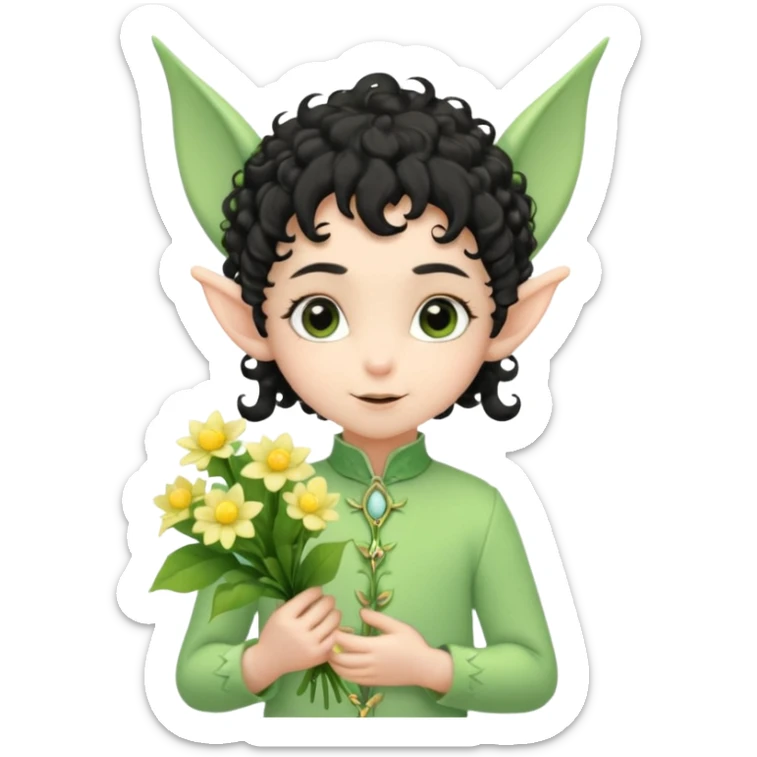 Tiny elf baby black curly hair with pointy ears and hat, pastel green outfit, hold flowers sticker