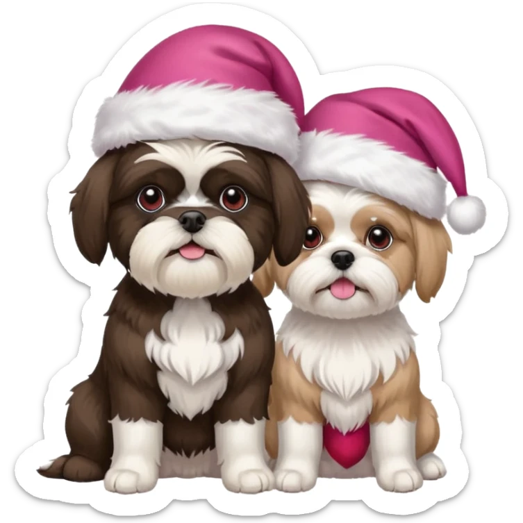 two dogs one little white all over shih tzu dog with pink santa hat and one mostly white with black havanese dog wearing a red santa hat sticker